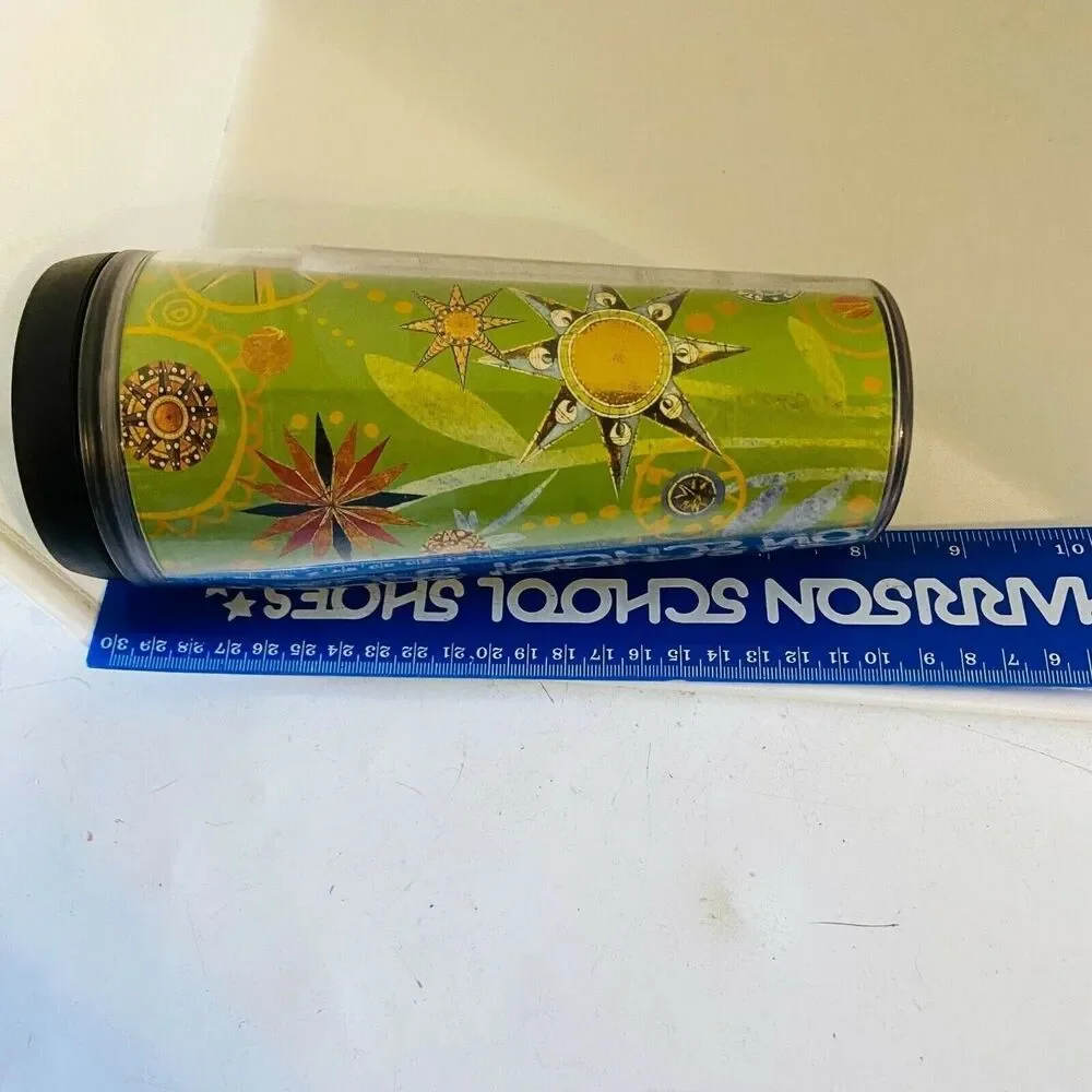 #3471 Starbucks Green Metallic Gold Sun Moon Star Hot Cold Cup Tumbler 16 oz wit